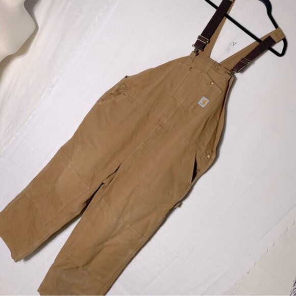 Carhartt Tan Duck Canvas Bib Overalls Double Knee Work Wear 50x30 - Picture 1 of 16